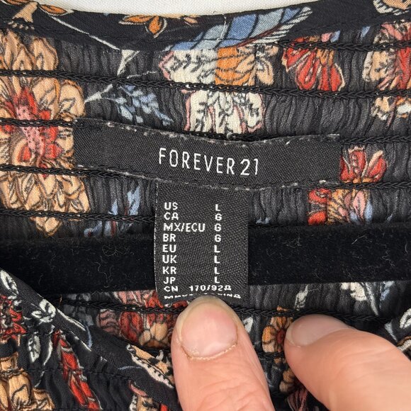 Forever 21 Black Floral Boho Babydoll Mini Dress Women’s‎ Large Tiered Skirt - Picture 12 of 16